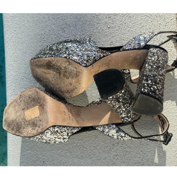 GIUSEPPE ZANOTTI Lavinia Glitter Leather Platform Heeled Sandals Size IT37.5 - Picture 7 of 16